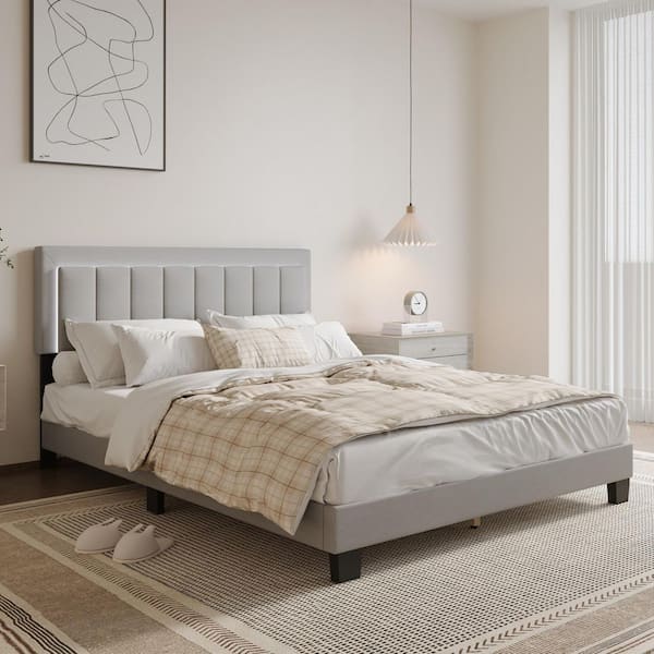Gray Upholstered and Wood Frame Queen Platform Bed with Tall Headboard, Quiet Slats and Modern Polyester Design