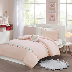 Tanya 3-Piece Blush Twin Tassel Comforter Set with Heart Shaped Throw Pillow