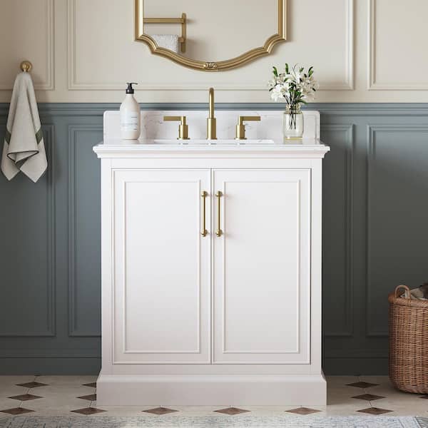 Ravenscroft 31 in. Single Sink White Swan Bath Vanity with Carrara White Engineered Stone Top (Assembled)