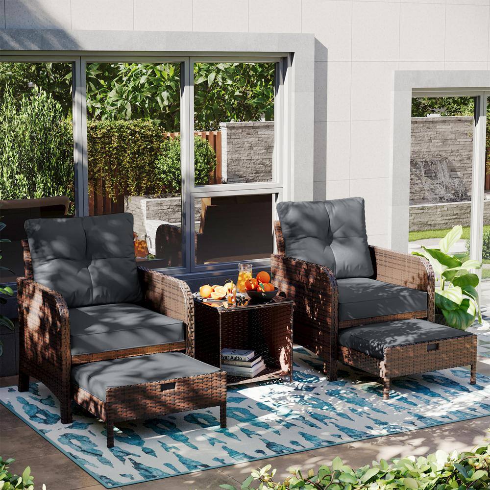 5-Piece Wicker Patio Conversation Set, Outdoor Chairs with Gray Cushions, Coffee Table and Ottomans price history on PriceWatchPro