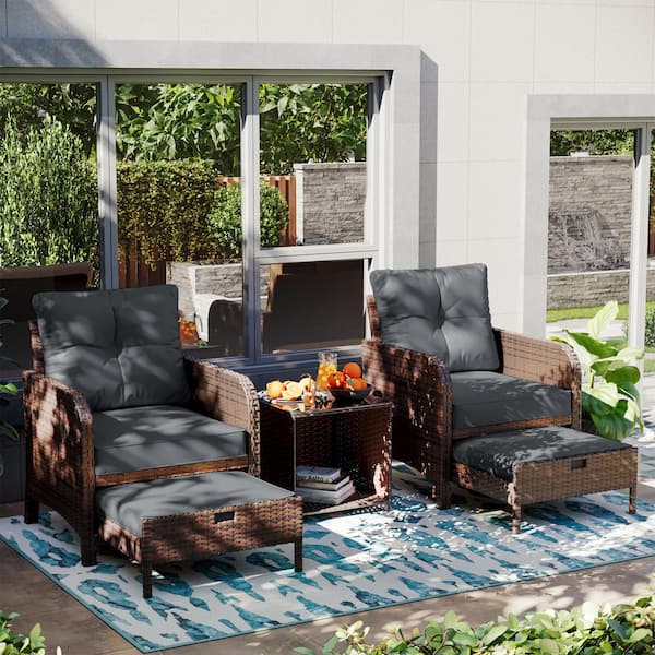 UPHA 5-Piece Wicker Patio Conversation Set, Outdoor Chairs with Gray Cushions, Coffee Table and Ottomans