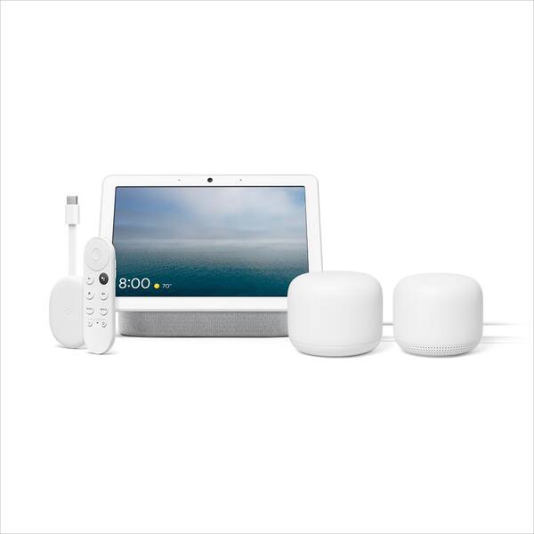 Google Chromecast with Google TV Snow Plus Nest Hub Max 10 in. Smart Display Chalk Plus Nest Wi-Fi Router and Add-On Point Snow