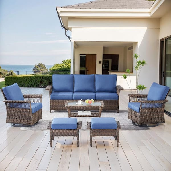 moosprr Seagull 6-Piece Brown Wicker Patio Conversation Set with Blue Cushions and Swivel Glider Chairs/Ottomans/Couch