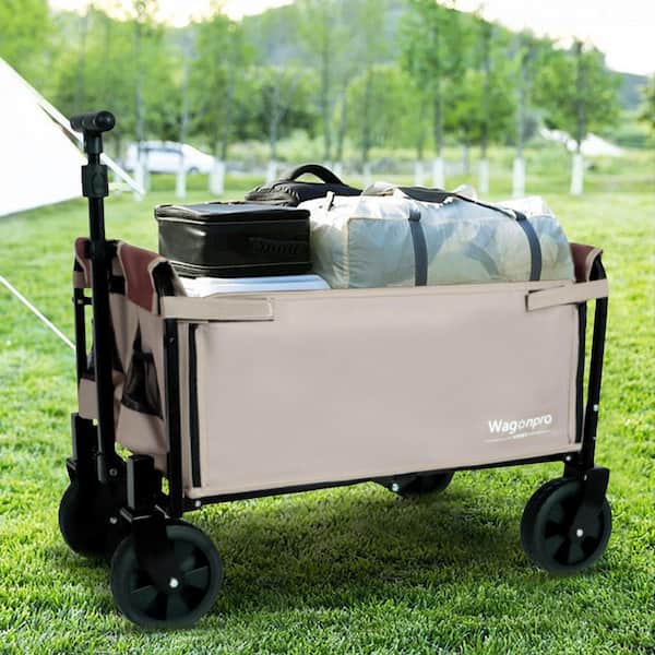 Beige/Brown 2 cu. ft. Fabric All-in-1 Convertible Folding Camping Garden Cart Heavy-Duty Wagon Cart with Dog Tether