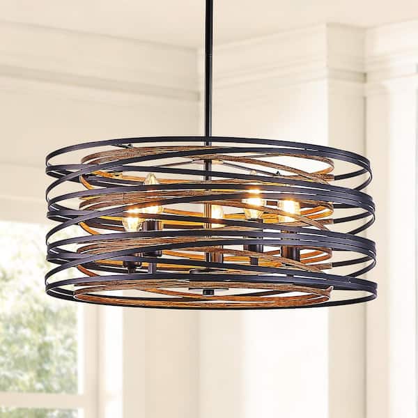 19.7 in. Modern Black & Walnut 5-Light Iron Chandelier with Adjustable Height for Dining Room, Kitchen Island