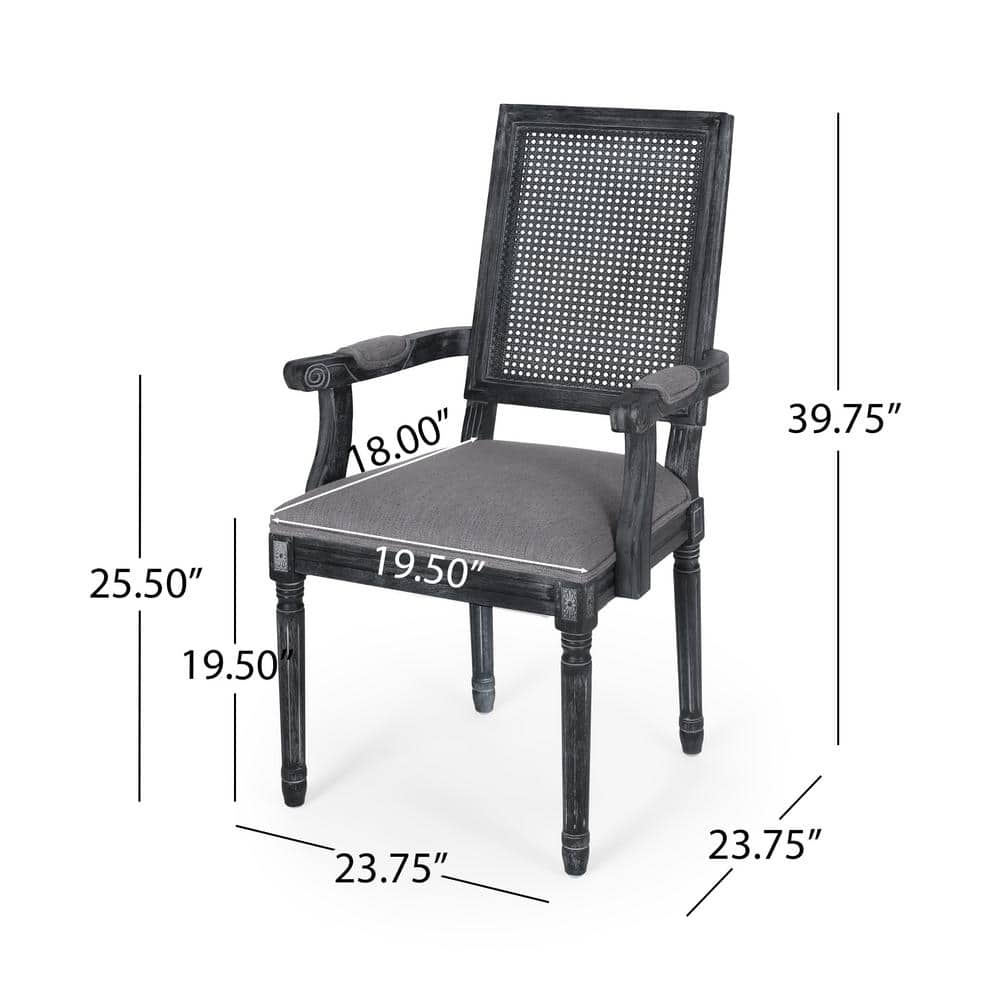 French Country Wood and Cane Gray Upholstered Arm Chair (Set of 4)