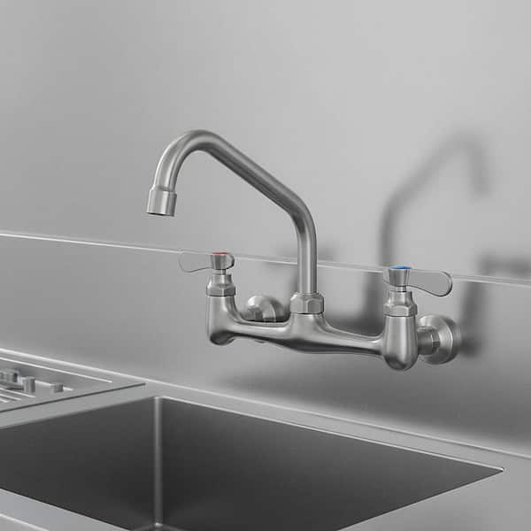 Double Handle Wall Mount Commercial Brass Standard Kitchen Faucet with 8 in. Swivel Spout 8 in. Center in Brushed Nickel
