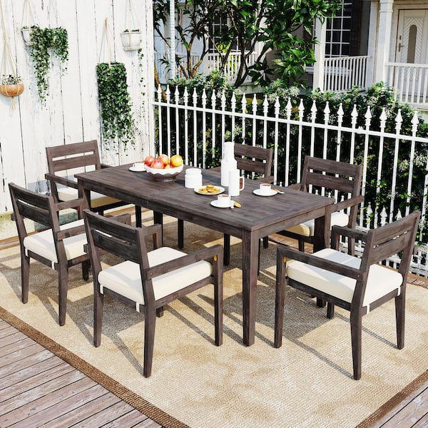 Gray 7-Piece Acacia Wood Outdoor Dining Set with Beige Cushion for