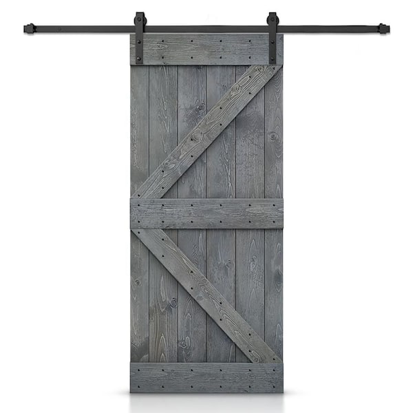 26 in. x 84 in. K-Series Gray Stained DIY Knotty Pine Wood Interior Sliding Barn Door with Hardware Kit