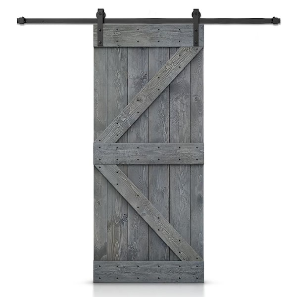 CALHOME K Series 30 in. x 84 in. Gray DIY Knotty Pine Wood Interior Sliding Barn Door with Hardware Kit