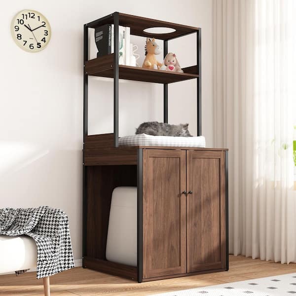 FUFU&GAGA Large Cat Litter Box Enclosure Furniture with Shelves, Cat Washroom Furniture Cat House for Smart Litter Box, in walnut