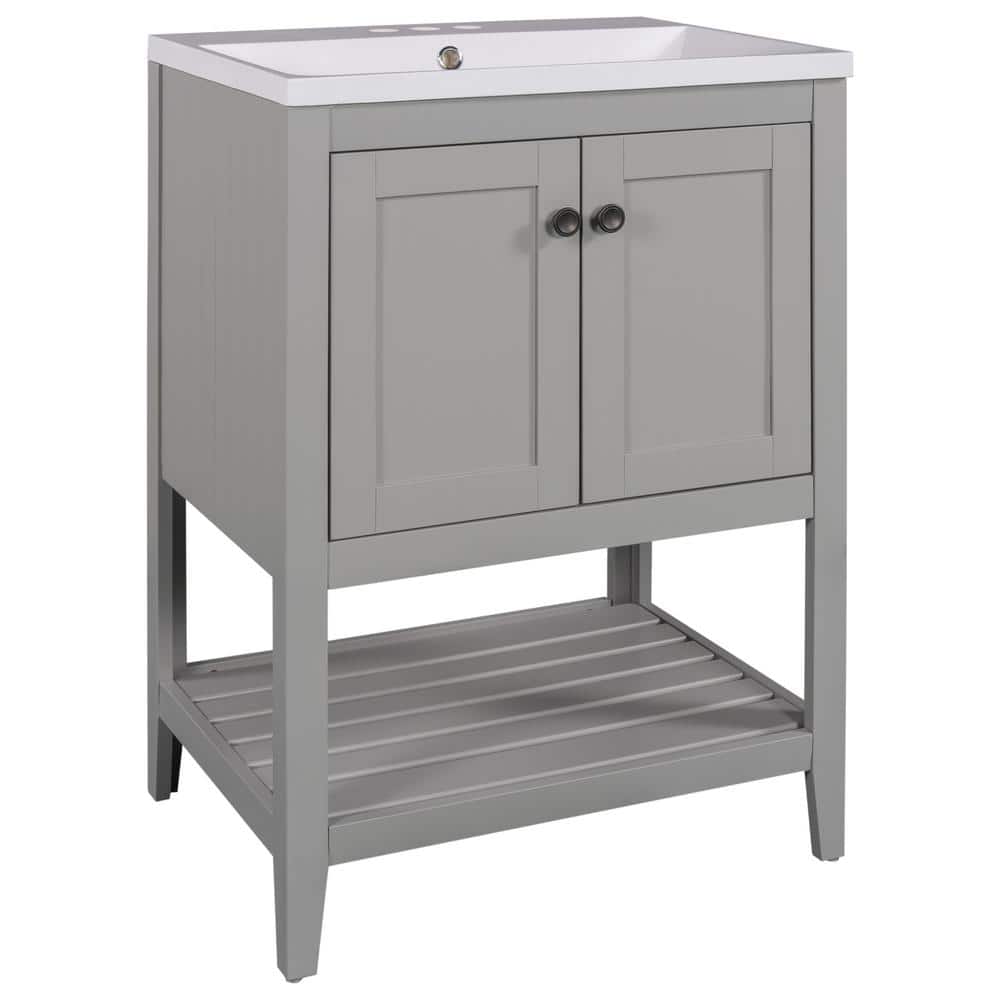 Gray MDF Freestanding Single Bathroom Vanity with Cultured Marble Sink