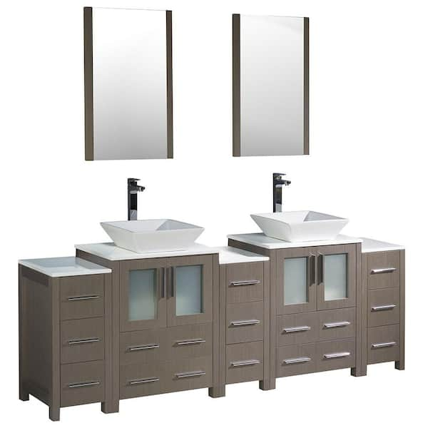 Fresca Torino 84 in. Double Vanity in Gray Oak with Glass Stone Vanity Top in White with Basin, Mirrors and 3 Side Cabinets