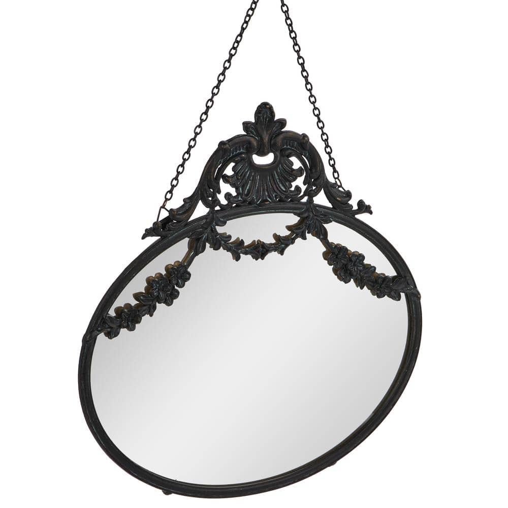 Vintage Black Pewter Round Wall Mirror with Decorative Chain
