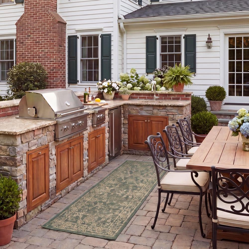 Courtyard 2 ft. x 11 ft. Dark Green/Beige Border Antique Floral Indoor/Outdoor Runner Rug price history on PriceWatchPro