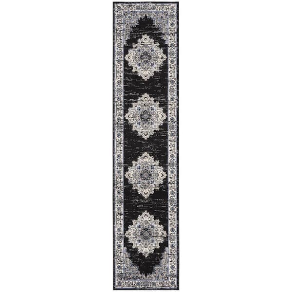 Nourison Passion Black Ivory 2 ft. x 10 ft. Bordered Transitional Runner Area Rug