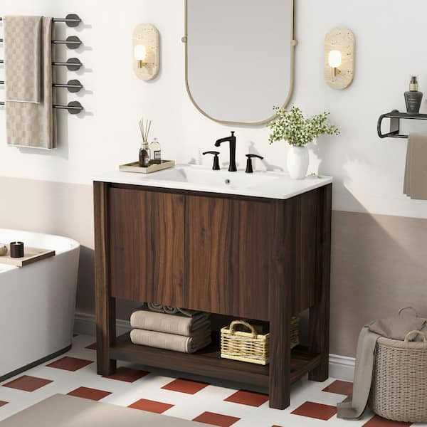 36 in. Freestanding Dark Brown Bath Vanity with White Ceramic Top, 45° Free-Handle Design Soft-Closing Doors