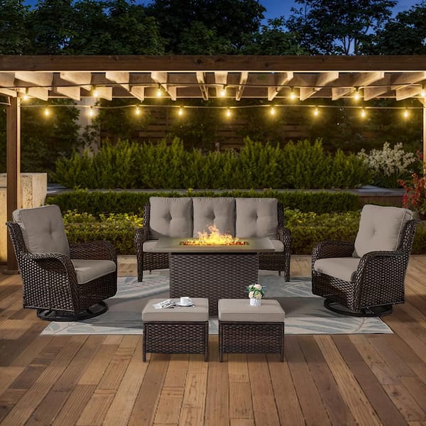 6-Piece Brown Wicker Outdoor Patio Rectangular Fire Pit Conversation Set with Gray Cushions and Swivel Rocker Chairs