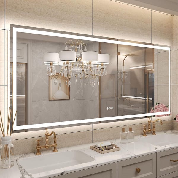 72 in. W x 32 in. H Rectangular Frameless Front and Back Lighted Anti-Fog Wall Bathroom Vanity Mirror, Tempered Glass
