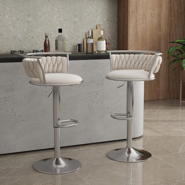 38.7 in. Swivel Adjustable Height Low Back Silver Metal Frame Bar Stool with Ivory Velvet Seat Cushion(set of 2)