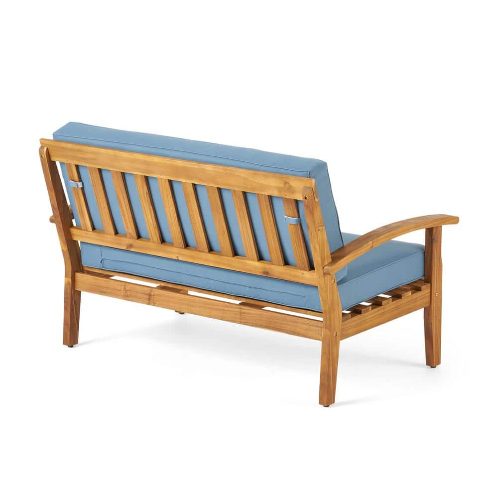 Acacia Wood Loveseat and Coffee Table Set with Blue Cushions