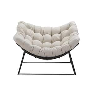 Dark Gray Wicker Outdoor Rocking Chair with Beige Cushions for Living Room, Front Porch, Patio