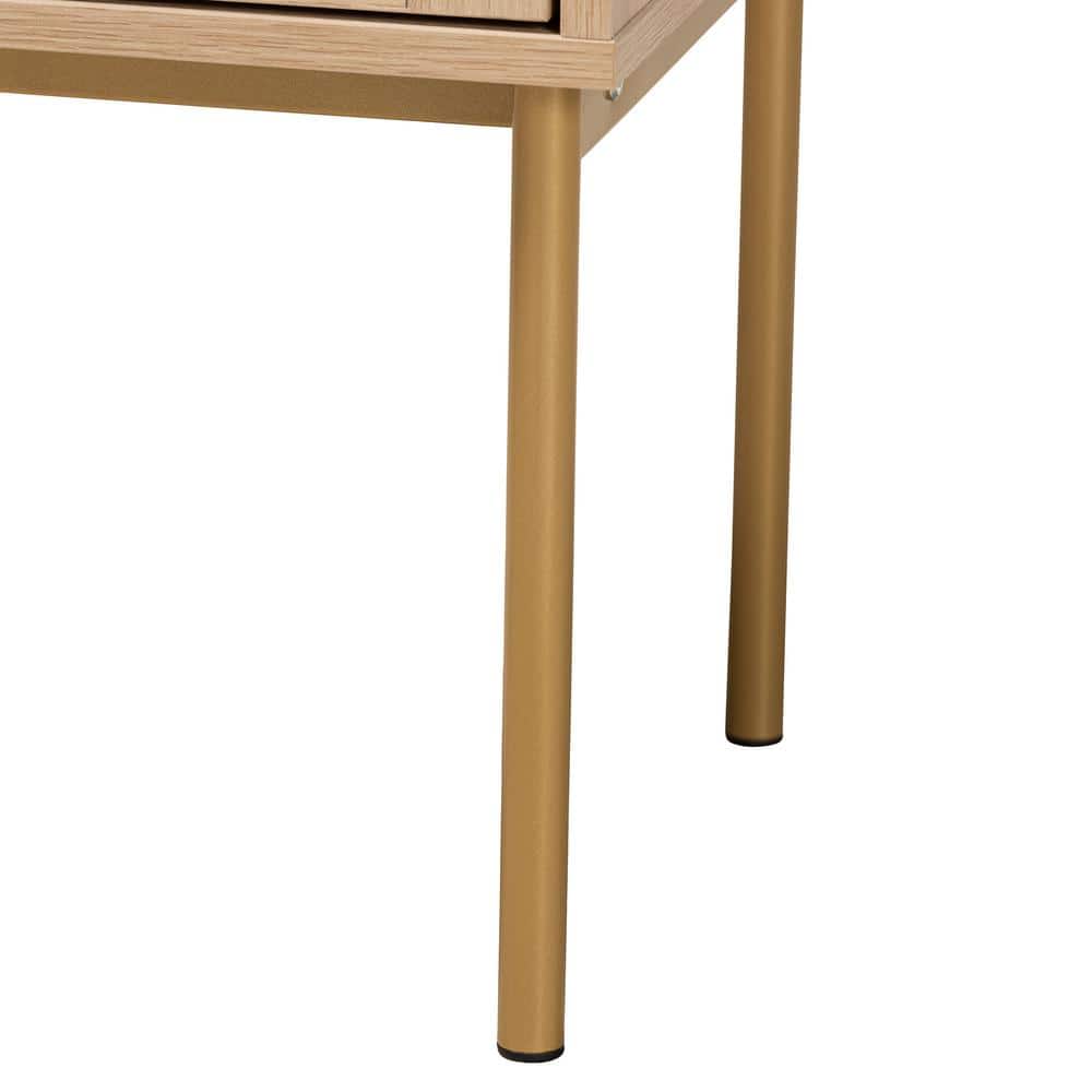 Japandi Light Brown Wood and Gold Metal 2-Drawer End Table with Rattan Fronts