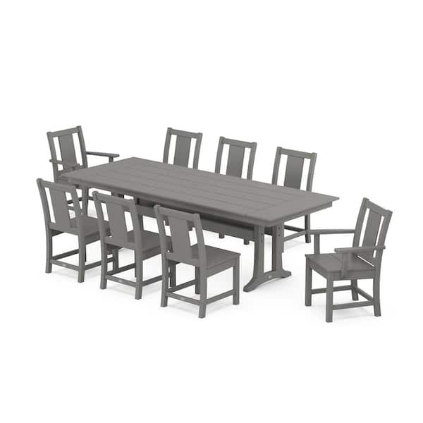 POLYWOOD 9-Piece Prairie Farmhouse Trestle Plastic Rectangular Outdoor Dining Set in Slate Grey