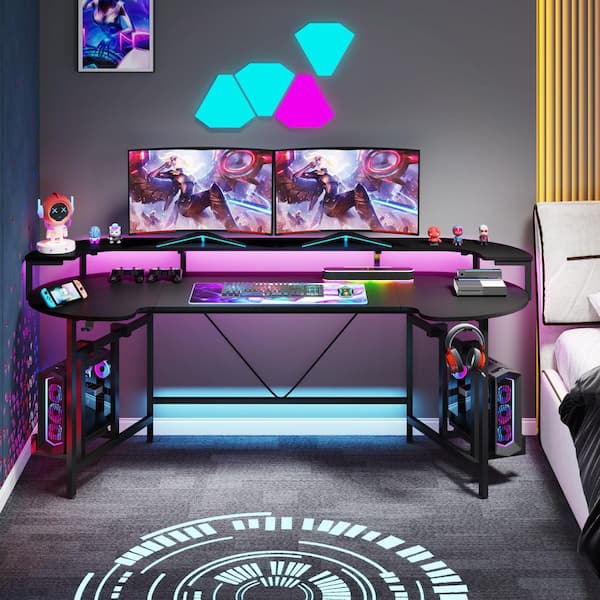 Halseey 75 in. Black Wood and Metal Gaming Desk Large Computer Desk with Led Light, Monitor Shelf, and CPU Holder