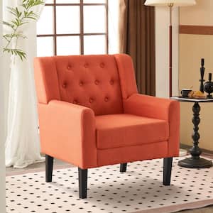 Orange Comfy Modern Accent Chair Linen Upholstery Wood Legs for Living Room Bedroom Mid Century Armchair