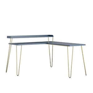 Shanewood 55.1 in. L-Shape Navy with Gold Legs Computer Desk with Riser