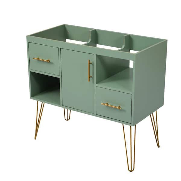 36 in. Green Bath Vanity Cabinet without Top, Solid Wood Frame, with Elegant Gold Metal Leg, Freestanding Storage Vanity