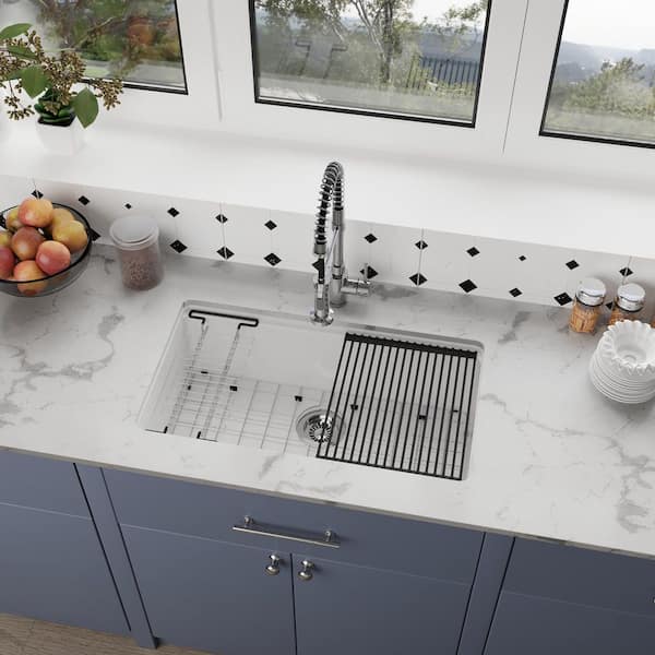 33 in. Undermount Single Bowl Fireclay Workstation Kitchen Sink with Drying Rack and Cutting Board-Includes Accessories