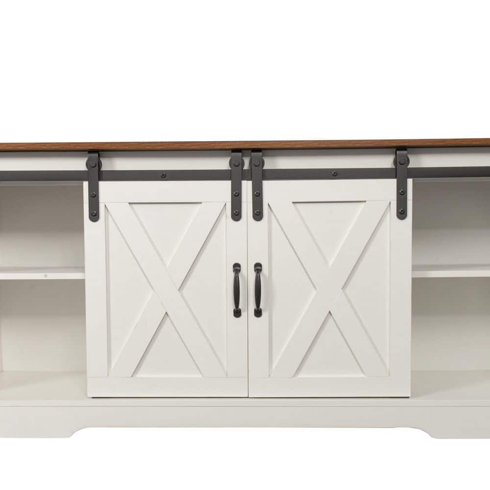 59 in. White Rustic Wood TV Stand With Sliding Barn Door, Storage Cabinet, 