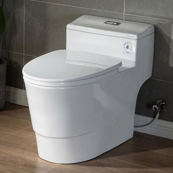 WOODBRIDGE 1-piece 1.28 GPF Conserver High Efficiency Dual Flush All-in-One Toilet with Soft Closed Seat Included in White