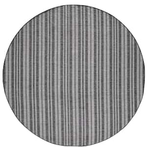 Isla Charcoal 8 ft. Round Transitional Striped Indoor/Outdoor Area Rug