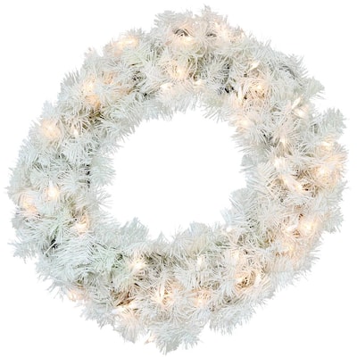 24 in. White Pre-Lit Warm White Lights Artificial Christmas Wreath