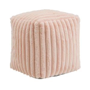 Pink Channel Furry Fabric Upholstered Square Pouf Ottoman