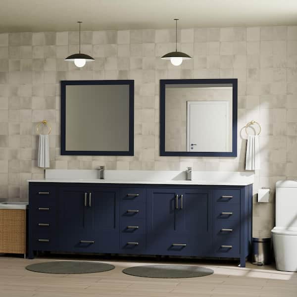 Lexora Jacques 84 in. W x 22 in. D Navy Blue Double Freestanding Bath Vanity with White Quartz Top, Faucet, and 34 in. Mirrors