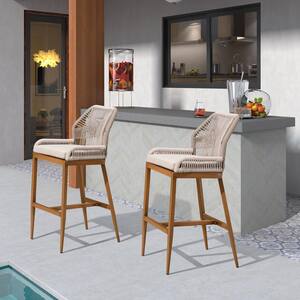 Modern Aluminum Twill Wicker Woven Counter Height Outdoor Bar Stool with Back and Cushion (Set of 2)
