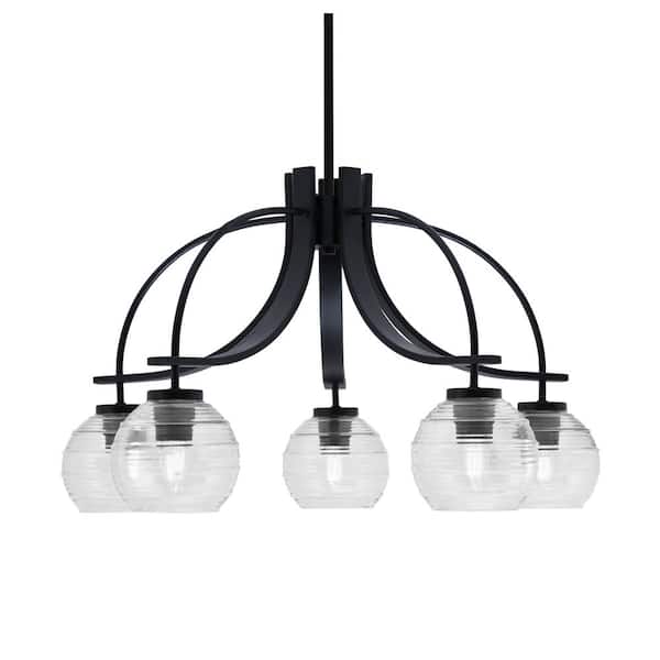 Unbranded Olympia 15.5 in. 5-Light Matte Black Downlight Chandelier Clear Ribbed Glass Shade