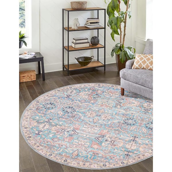 Nostalgia Katie Blue 4 ft. Round Machine Washable Area Rug