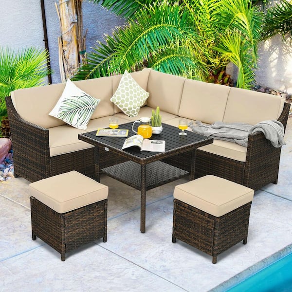 6 of Pieces Wicker Outdoor Sectional Set with Beige Cushions