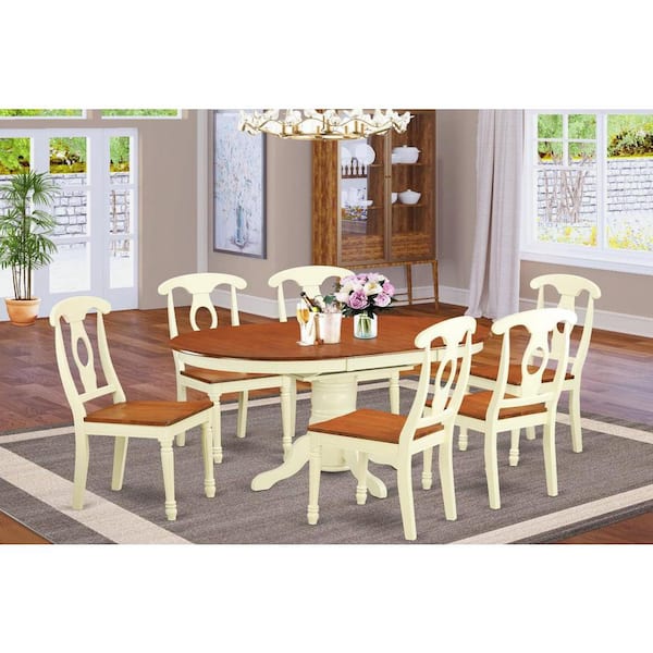 East West Furniture 7-Piece Oval Buttermilk & Cherry Finish Solid Wood Top Dining Table with 6-Chairs with Lattice Back