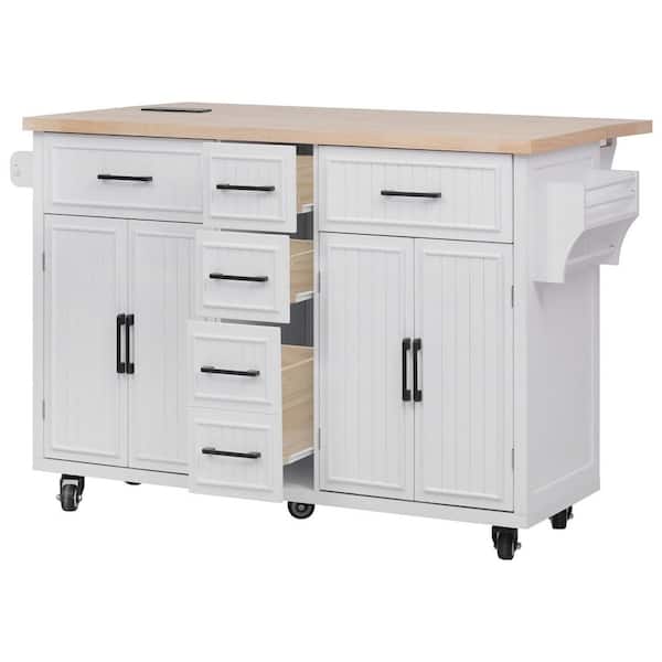 Farmhouse White Wood 56.5 in. Power Outlet Drop Leaf Embossed Vertical Stripe Kitchen Island with 4-Door and 5-Drawer