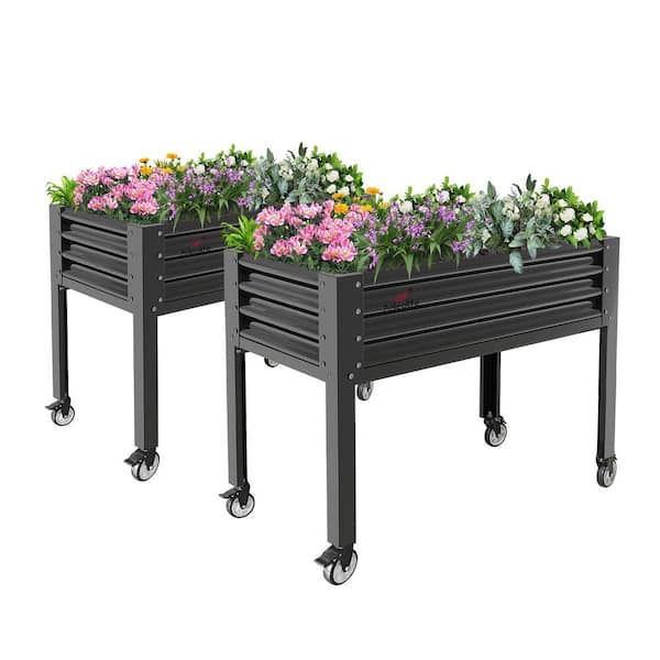 Zeus & Ruta 48 in. x 24 in. x 35 in. Grey Outdoor Metal Raised Garden Bed with Legs, Drainage Holes on Wheels for Backyard (2-Pack)