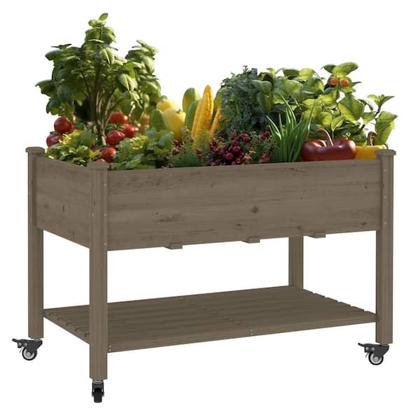 47 in. W x 23 in. D x 33 in. H Brown Cedar Raised Garden Bed with Lockable Wheels, Shelf and Liner