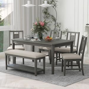 6-Piece Rectangular Dark Gray Wood Top Dining Table Set and 4 Cushioned Chairs and Bench