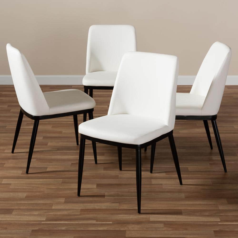 Set of 4 White Faux Leather Upholstered Dining Chairs with Black Metal Legs