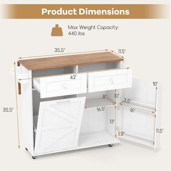 White Wood 42 in. Rolling Kitchen Island Kitchen Island Cart with Drop Leaf Trash Can Cabinet